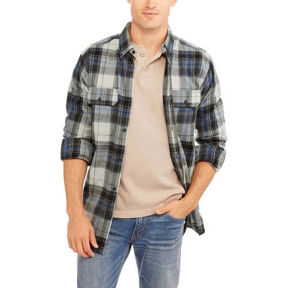 Faded Glory Men XL Plaid Flannel Shirt Grey Black Blue Long Sleeve Button Down